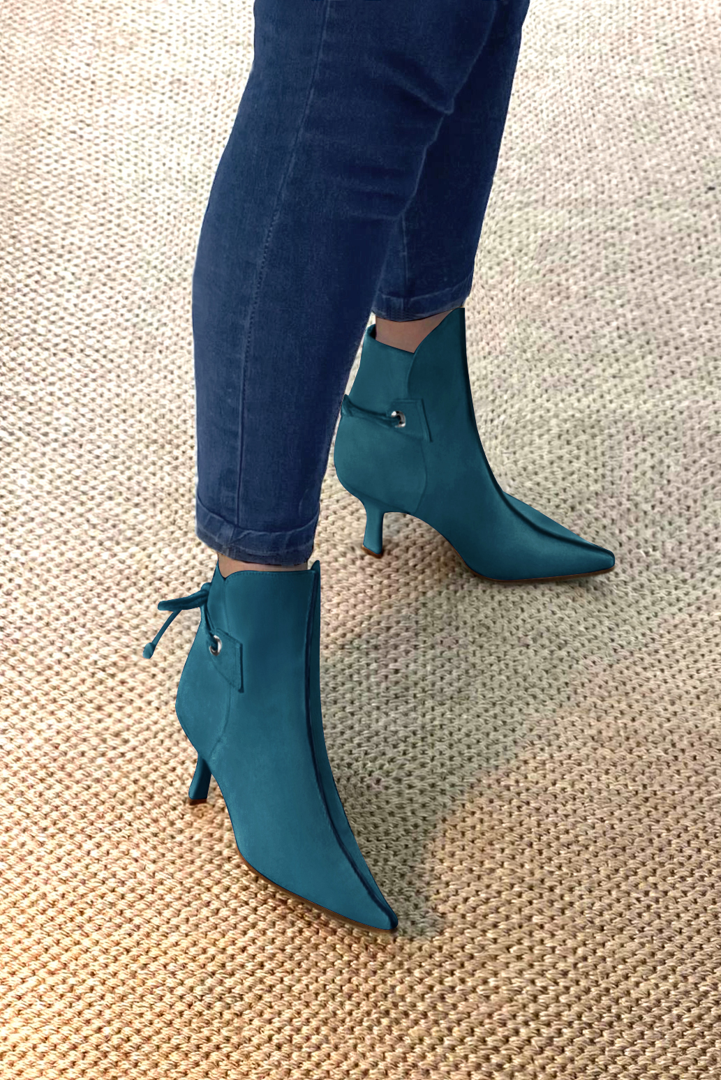Peacock blue women's ankle boots with laces at the back. Pointed toe. High slim heel. Top view - Florence KOOIJMAN